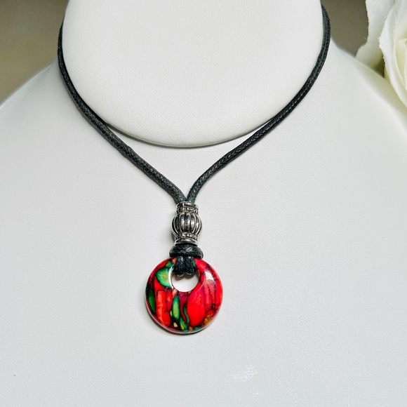 Jewelry - Artisan made Enameled Wooden Pendant Choker Necklace